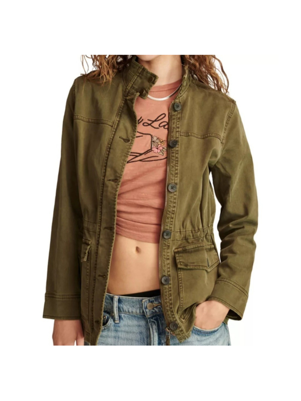 Lucky Brand Women's Long-Sleeves Stand Up High-Neck Utility Green Jacket Medium